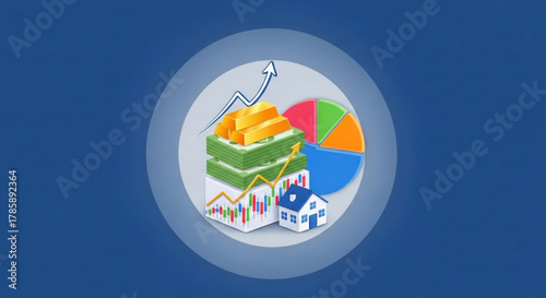 Diversified investments illustration with gold, real estate, and stock market data representing financial planning and wealth accumulation