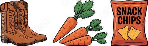Cowboy boots, carrots, snack chips illustration, cartoon food and fashion concept, playful object trio, colorful vector, educational design