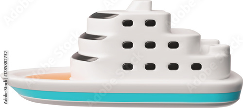 Cruise liner, yacht 3D cartoon vector icon, travel ship, tourist vessel side view, marine journey, sea voyage transport