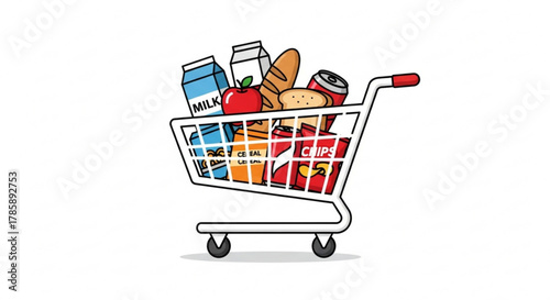 Shopping cart full of groceries isolated on, ready to checkout