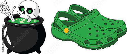 Halloween cauldron with skeleton hand, green Crocs shoes, spooky potion vector, skull and bone, creepy cartoon illustration, eerie humor