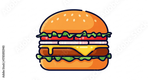 Cartoon burger with beef patty, cheese, tomato, onion, and lettuce on a sesame seed bun