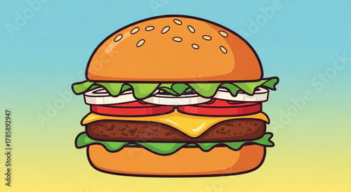 Cartoon burger with beef patty, cheese, tomato, onion, and lettuce on a sesame seed bun