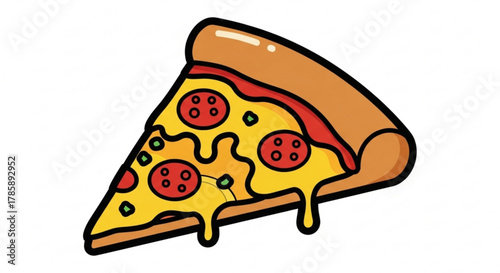 Cartoon pizza slice with pepperoni and cheese for menu, advertising, and design