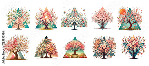 Geometric spring blossom tree collection with vibrant floral designs
