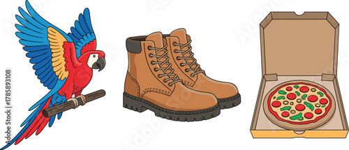 Parrot on branch, work boots, pizza in box, cartoon illustration, food and fashion contrast, tropical bird, snack, footwear, nature
