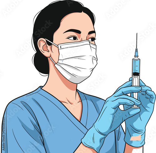 Cartoon healthcare professional preparing syringe with gloves and mask for vaccination or medical treatment in hospital clinic vector illustration