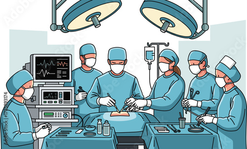 Cartoon surgical operation illustration showing medical team performing surgery in operating room with lights, instruments, teamwork, precision, and healthcare technology