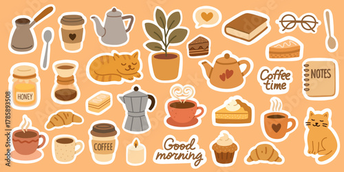 Cozy coffee morning stickers set.Cute cats, coffee