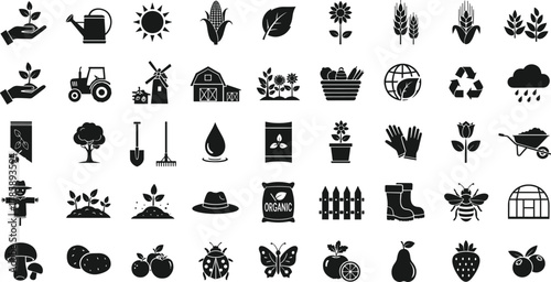 Agriculture and farming icon set, organic growth, plants, tractor, garden tools, eco farming, harvest, sustainability, nature, environment illustration