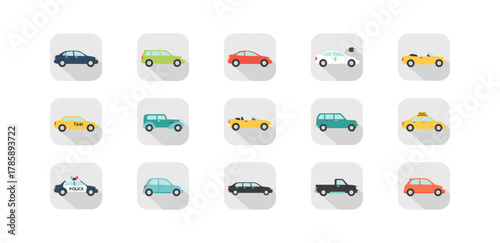 Vehicles Icon Set in Flat Design Style with Long Shadows
