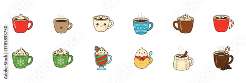 Set of Cute and Colorful Mug and Cup Illustrations with Warm Beverages