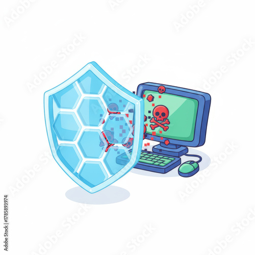 Cybersecurity system 3d icon shield blocks malware on computer with calm focus