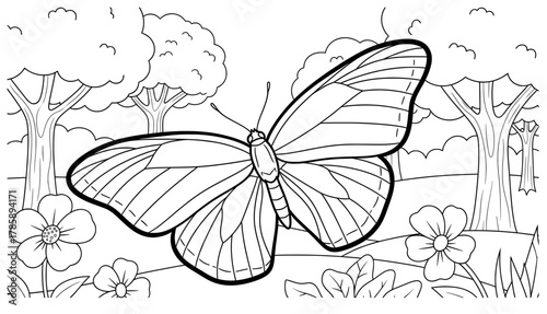 Large butterfly illustration surrounded by blooming flowers and trees in a serene landscape, perfect for coloring pages and creative relaxation activities