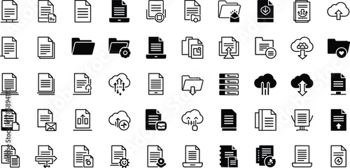 Black and white document file folder cloud storage data icons collection, digital database management symbol set vector illustration