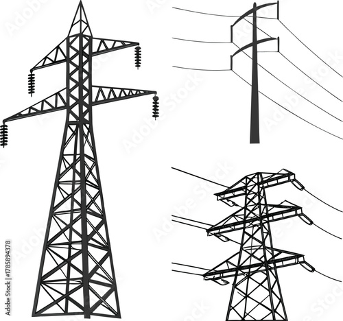 Transparent PNG available
High voltage electricity transmission towers, power pylons with cables, energy infrastructure, forest silhouette, industrial landscape, renewable grid, utility network