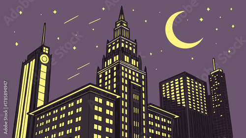 City skyline at night with stars and moon shining