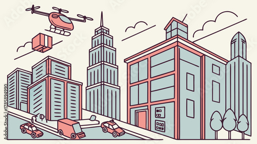 Cityscape with delivery drone, helicopter, cars, and buildings in line art style