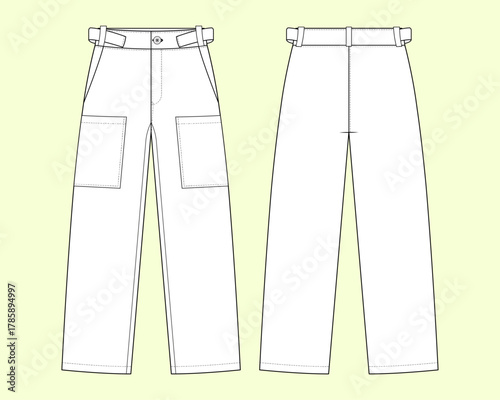 Men’s Utility Straight-Leg Cargo Pants Flat Sketch – Front and Back Technical Illustration