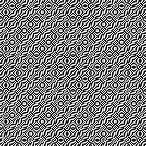 Repeated black interlocking figures tessellation on white background. Rounded blocks wallpaper. Seamless surface pattern design with pavers. Mosaic motif. Digital paper with dumbbell shapes. Vector.