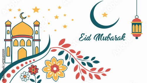 Eid mubarak greeting card with mosque and moon