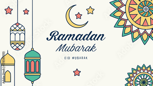 Ramadan mubarak greeting card with lantern and moon