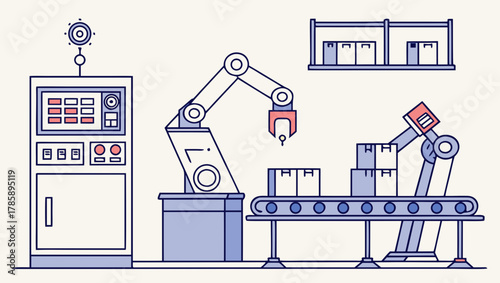 Automated robotic arms packaging boxes on a conveyor belt
