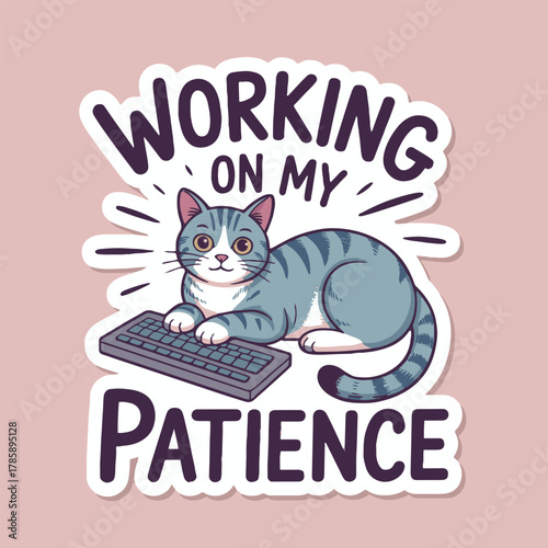 A cartoon cat with grey stripes working on a keyboard with the text working on my patience around it