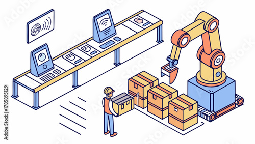 Automated factory with robotic arm, conveyor belt and worker