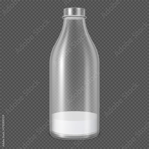 Realistic transparent plastic or glass bottle of milk, dairy liquid drink product package almost empty vector mock up
