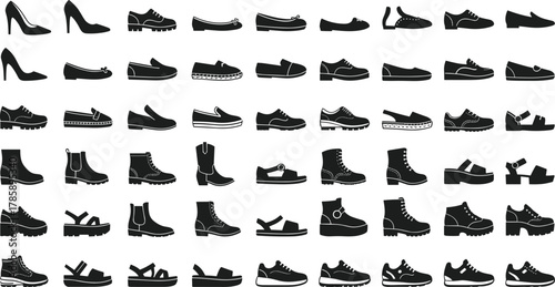 Fashion footwear icon set, stylish shoes, sneakers, boots, heels, sandals, casual and formal design collection for apparel branding