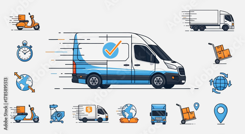 Delivery truck icons set. Fast delivery truck. Delivery service icons. Express shipping. Cargo van moving fast. Logistics trucking. Vector illustration