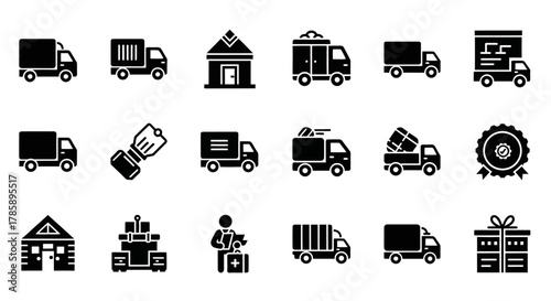 Delivery truck icons set. Fast delivery truck. Delivery service icons. Express shipping. Cargo van moving fast. Logistics trucking. Vector illustration