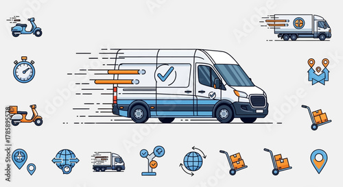 Delivery truck icons set. Fast delivery truck. Delivery service icons. Express shipping. Cargo van moving fast. Logistics trucking. Vector illustration