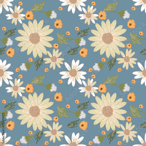 Seamless pattern with chamomile flowers. Vector illustration. Daisy wallpaper on a blue background. Ideas for textiles, fabric, backdrops, cards, and home decoration.