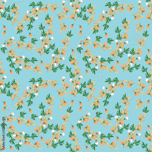 Seamless pattern with leaves and berries on a blue background. Vector illustration. Design for textiles, rugs, fabric, cards, wrapping paper, curtains, and wallpaper. 