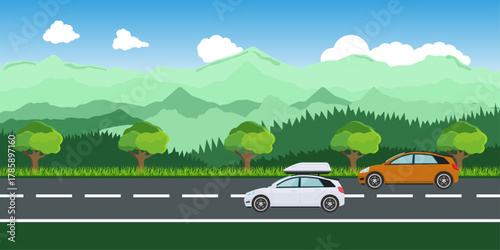 Family, electric car SUV Traveling on Scenic Asphalt Road with Lush Green Grass, Trees, and Mountain Meadows - Flat Vector Illustration for Banners