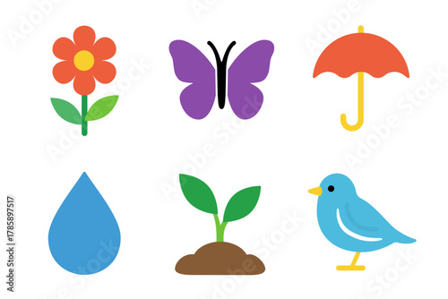 Vector icon set of bright spring symbols including flower, butterfly, umbrella, raindrop, sprout and bird. Ideal for seasonal design, greeting cards, nature blogs and environmental education.
