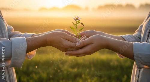seedling sprout in caring hands, agriculture.