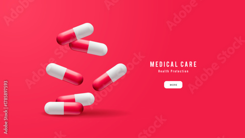 Background with realistic 3d capsules. Medical, pharmacy, healthcare, hospital, clinic, telemedicine, insurance, biotechnology concept. Vector illustration.