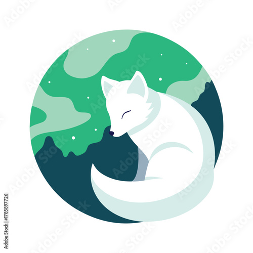 Arctic fox curled in snow with serene expression