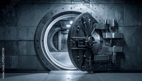 A massive open vault door in an underground bank corridor, symbolizing access, secrets, and hidden potential. Conceptual image representing security, trust, and the unseen value behind barriers