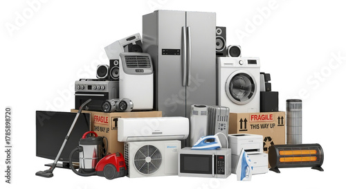Arrangement of various household appliances like oven, fridge, washing machine and other appliances.
