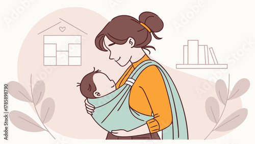 A mother lovingly cradles her baby in a sling, creating a tender moment, indoors.