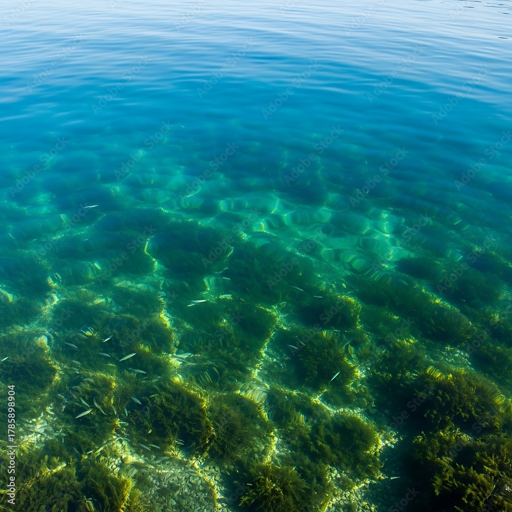 Obraz premium Crystal Clear Ocean Water with Sunlit Seaweed and Small Fish.