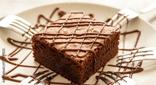 Delicious chocolate brownie square drizzled with chocolate sauce on a white plate