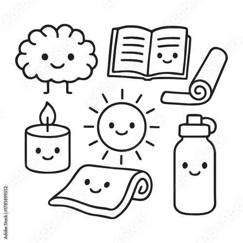 Kawaii self‑care icons set of happy brain, book, yoga mat, candle, sun & water bottle vector outline doodle