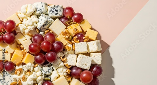 Overhead shot of a cheese board with grapes and nuts on a pink background