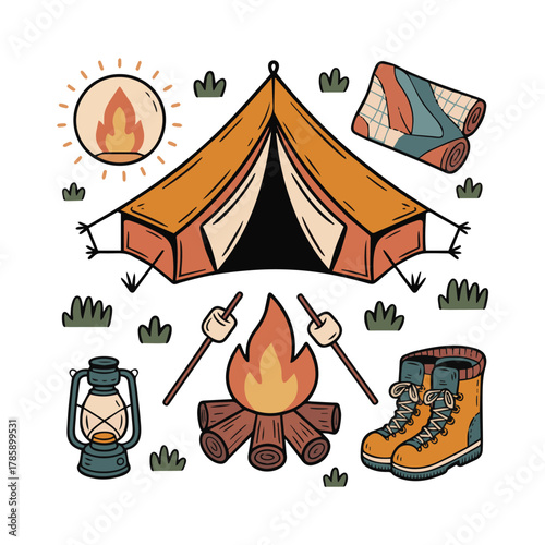 Cozy campout essentials of tent, campfire, lantern, boots & sleeping bag colorful vector illustration clipart