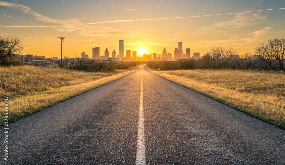 Obraz premium Scenic Road Leading to a Modern City Skyline Silhouette at Vibrant Golden Hour Sunset, Conveying Journey and Destination